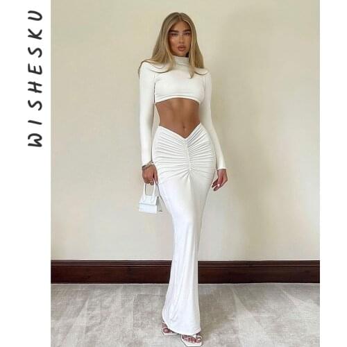 Women Sexy Long Sleeve Crop Tops+Ruched Maxi Skirts White 2 Two Piece Sets Party Clubwear Outfits Pencil Long Skirt 2021 Autumn