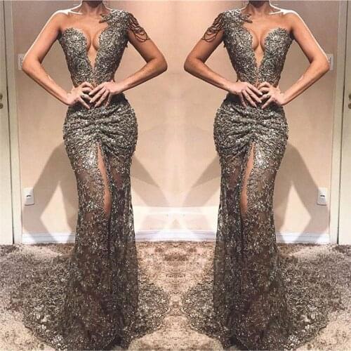Sexy Mermaid One-Shoulder Appliques Front Split Crystal Prom Dresses High Slit Sweetheart Long Evening Dress 2020 Party Gowns