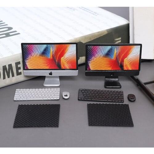 1Set 1/12 Scale Mini Computer + Mouse + Keyboard Book Stationery Model for Miniature Dollhouse Study Room Furniture Accessories
