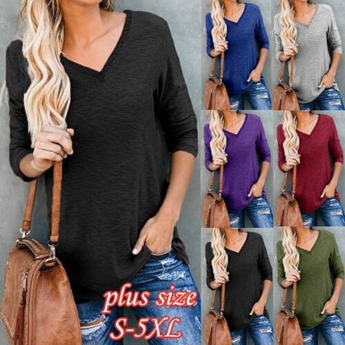 2021 New Arrival Summer Sexy Women Long Sleeve V-neck Cotton Plus Size T-shirt S-5XL