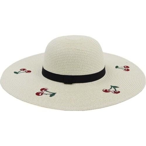400 pcs/pack Summer Foldable Large Brim Beach Sun Ladies Hats with Embroidery Cherry Womens Floppy Straw Hat Holiday Sunhat