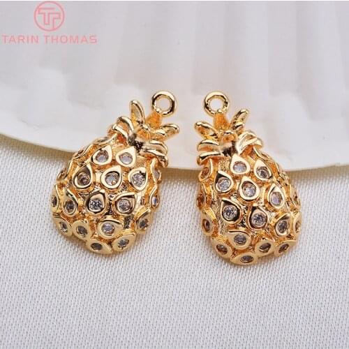 4PCS 10x17MM 24K Gold Color Plated Brass with Zircon Pineapple Charms Pendants High Quality Jewelry Accessories