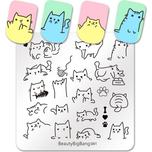 BeautyBigBang 6CM Nail Stamping Plates Striped Cute Cat Image Stainless Steel Template Nail Art Stamp Plate 041