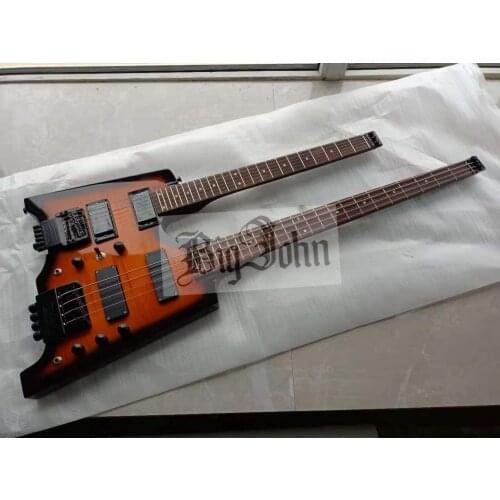 Double neck rosewood sunburst color mahogany wood body headless electric guitar and electric bass s20