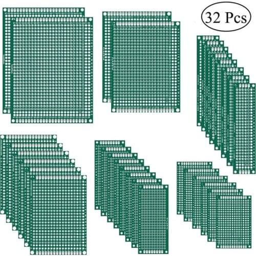 32pcs Double Sided PCB Board Prototype Kits 6 Sizes Universal Printed Circuit Protoboard for DIY Soldering Project for Arduino