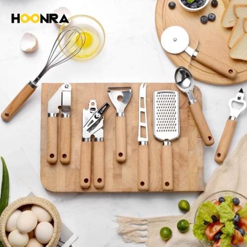 HOONRA Kitchen Gadgets Wooden Handle Small Kitchenware Stainless Steel Opener Baking Pizza Skin-Peeler Cheese Knife Kitchen Set