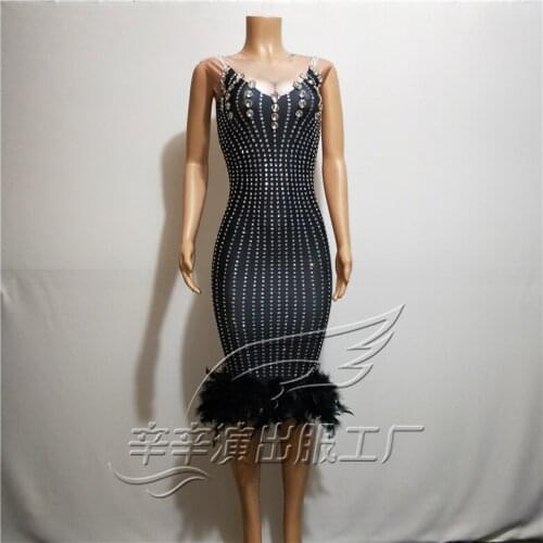 Summer Women New Full Rhinestones Black Feathers Dress Lady Birthday Party Stretch Dress Bar Singer Host Show Sexy Stage Costume