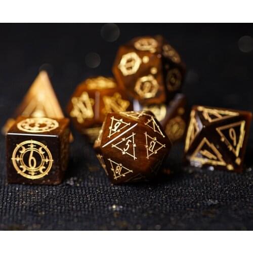 Natural Tiger Eye Dice Set Magic Symbol Star Polyhedral Dice Gemstone Platonic Geometry Dice For DND RPG COC Cthulhu Table Games