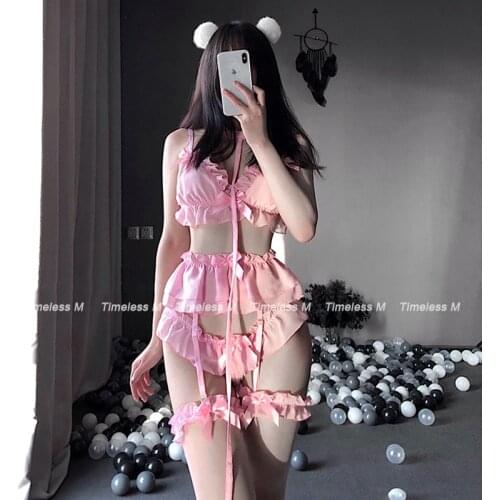 Sexy Lingerie Cute White Ruffles Lace Ladies Kawaii Babydoll Lolita Women Set Soft Girl Black Pajamas Pink Cosplay Costumes