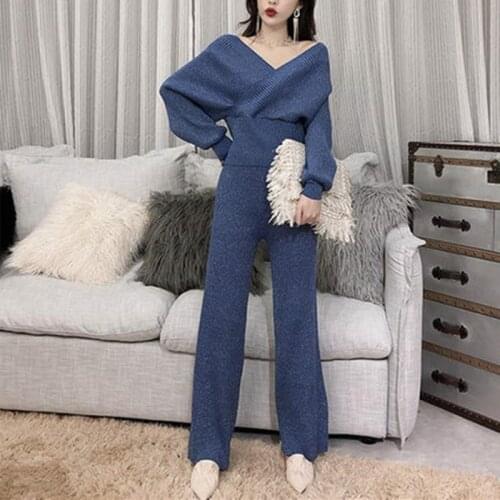Autumn 2019 High Quality 2 Piece Set Women Shining Knitting Sweaters Batwing Sleeve Jumper Tops+High Waist Wide Leg Pants Suits