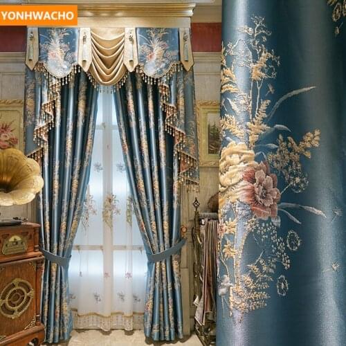Custom curtains high-precision jacquard luxury European high-end bedroom blue cloth blackout curtain tulle valance drape B352