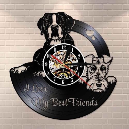 Dog Breed Vintage Wall Art Home Decor Boxer And Fox Terrier Dog Friends Vinyl Record Wall Cloc Vinyl LP Record Clock Wall Watch