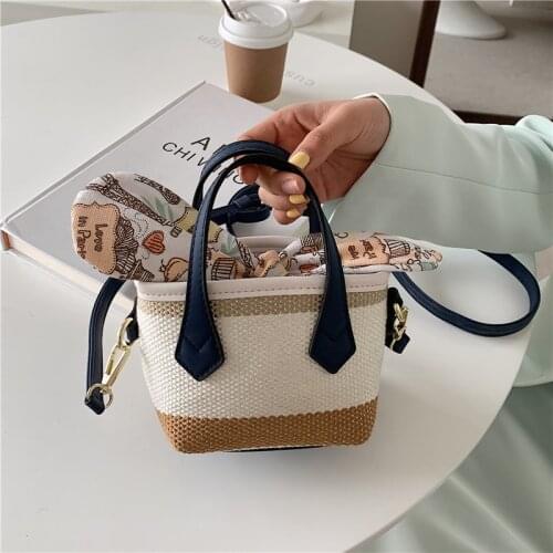 Causal Linen Knitting Straw Bag Women Tote Bag Contrast Woven Small Shopper Bag Female Travel Handbag Sea Grass Beach Bag 2021