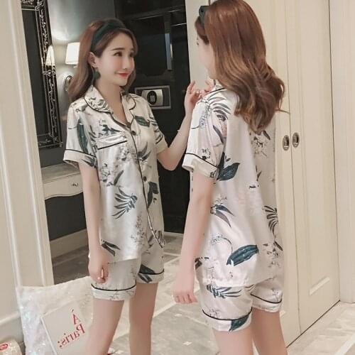 Plus Size Short Sleeve Silk Satin Pajama Sets for Women Summer Print Shorts Sleepwear Suit Pyjamas Homewear Pijama Mujer Clothes