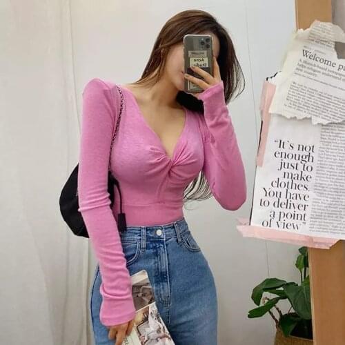 Spring and autumn long-sleeved V-neck low-cut top feminine ins liner top urban fashion female slim t-shirt