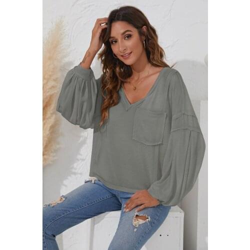 Womens Top Spring Autumn Solid Color T-Shirts Pocket V-Neck Lantern Sleeve T Shirt Woman Clothing 2021 Casual Loose Y2K Tops