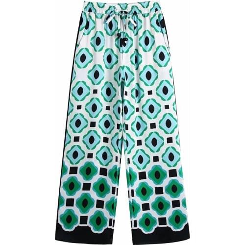 ZA 2021 women full length Geometry Graphics Print high waist Wide legged pants Tide pocket fashion Elastic waist Trousers Mujer