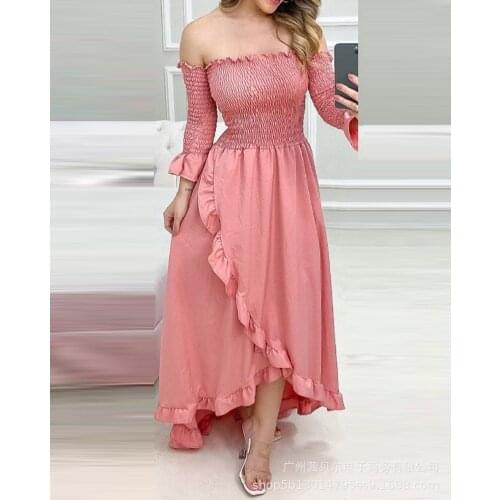 Dress Women Autumn Fashion Sweet Ruffles Long Dresses Elegant Office Casual Sexy Raglan Sleeve Slash Neck Mujer De Moda Vestidos