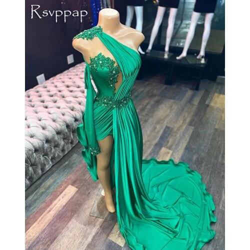 Long Prom Dresses 2021 One Shoulder Beaded Applique African Black Girls Green Satin Prom Dress