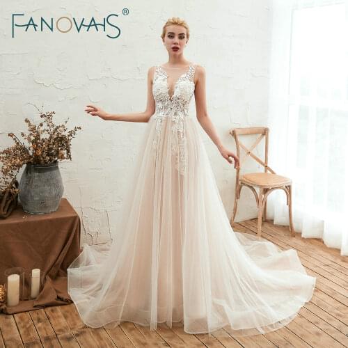 Fanovais Deep V Neck Lace Tulle Vintage Boho Beach Wedding Dresses Bridal Gowns Vetsido de Novia Simple Hochzeitskleid couture