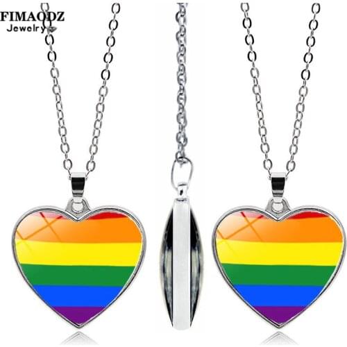 FIMAODZ Double Sided Gay Pride Necklace Rainbow Flag LGBT Symbol Glass Crystal Heart Pendant for Men Women Lovers Gift