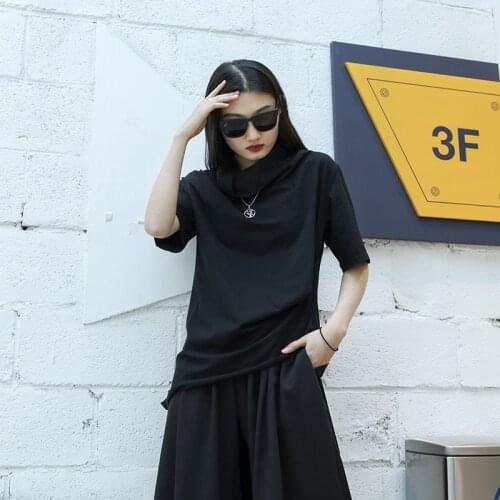 Large womens summer T-shirt half sleeve top short sleeve high collar pile neck irregular performance dress stage fashion