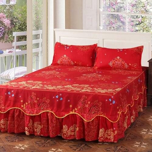 Fashion Bed Set Floral Printing Flower Bedspread King Queen Twin Size Thicken Sanding Soft Bed Skirt Bed Skirt Pillowcase