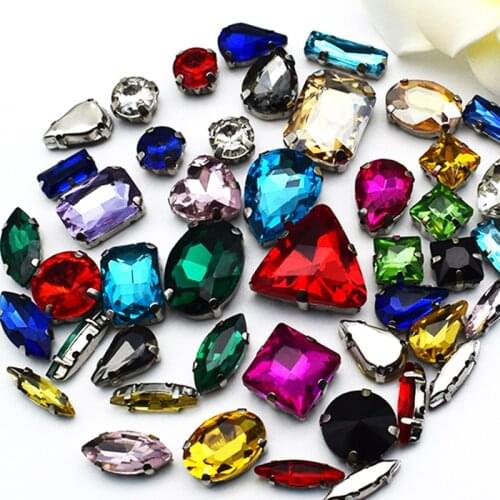 Colorful Mix Shape Silver Claw Glass Flatback Crystal Sew on Rhinestones DIY Decoration