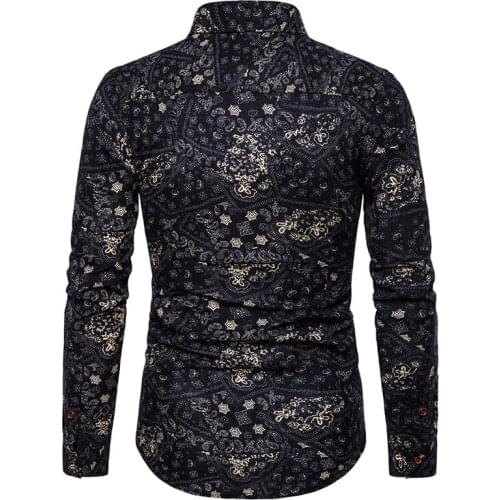 Mens Shirt Black Lapel Single-breasted Paisley Cotton Linen Long Sleeve Slim Fit Business Casual Formal Shirt Hawaiian Clothing