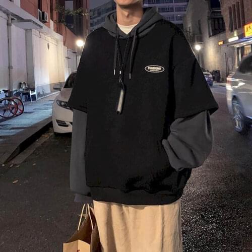 Hoodies men fake two-piece sweatshirt autumn stitching Korean loose contrast color hooded long-sleeved black white gray design