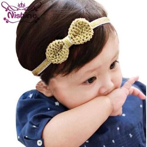 Nishine Children Girls Handmade Bowknot Headband Hair Bands Kids Golden Silver Color Elastic Headwear Hair Accessories