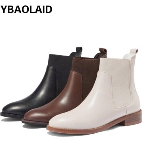 Cowhide Solid Color Chelsea Short Boots New Round Head Elastic Sleeve Flat British Style Martin Boots Summer Thin Single Boots