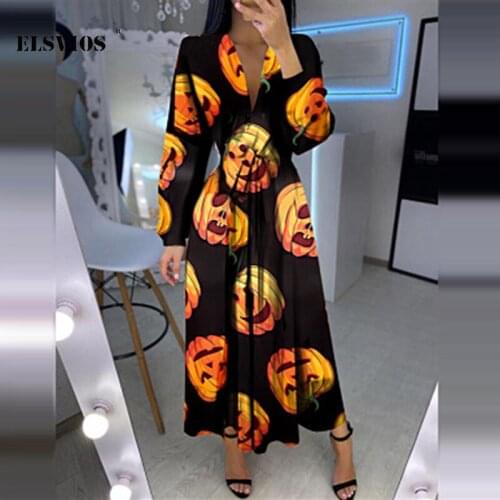 Autumn Sweet Fashion Women V Neck Halloween print A-line Dress Casual Long Sleeves Irregular Party Dress Elegant Pullover Dress