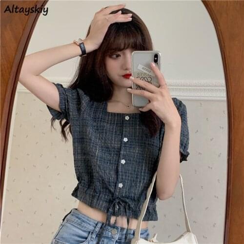 Shirts Women Plaid Cropped Summer Puff-sleeve Girls Sweet Design Holiday All-match Aesthetic Stylish Tender Tops Popular Slim