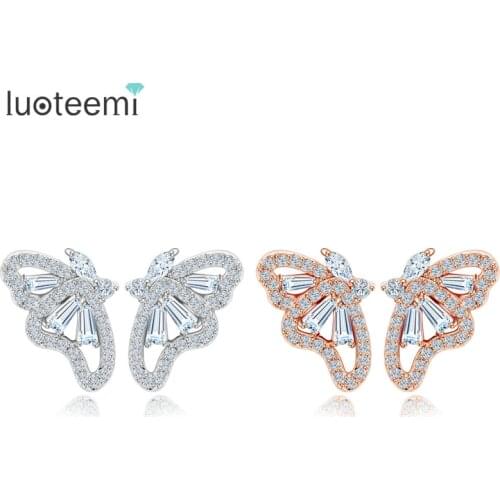 LUOTEEMI Fashion Korean Style Jewelry Rose Gold-Color Cute Crystal Zircon Butterfly Earings Girls Chic Shinning CZ Pink Earring