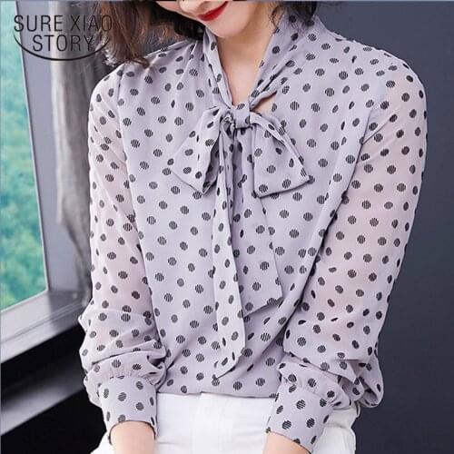 Plus Size Chiffon Blouse Polka Dot Bow Harajuku Blouse Women Korean Fashion Clothing 2019 Womens Clothing Ladies Tops 2914 50