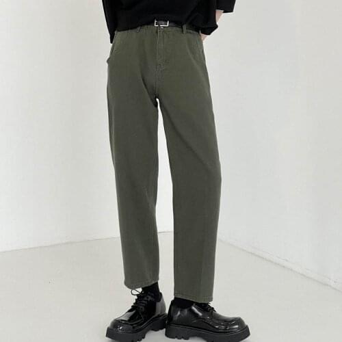 Loose Armygreen Straight Cropped Jeans Men Korean Fashion High Waist Plus Size Jeans 2XL Mans Retro Solid Long Pants Men 2021