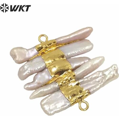 WT-JP039 Wholesale Tiny Stick Natural Freshwater Pearl Connector Charm Accessory With Gold Electroplated for Jewelry