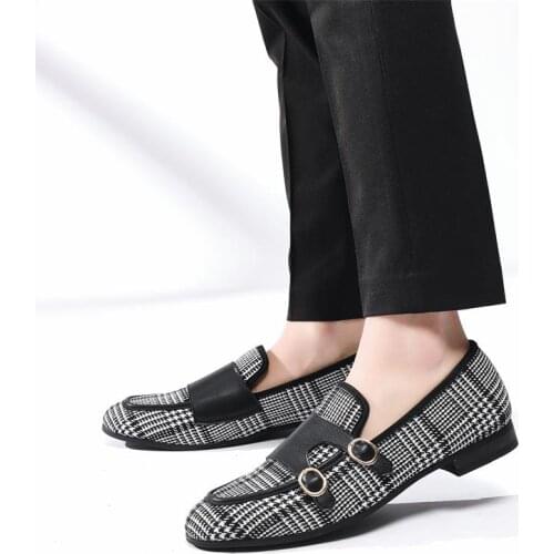 XQWFH Mens Casual Classic Plaid Loafer with Gold Buckle Penny Slip-On Wedding Party Prom Shoes