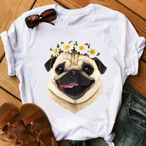 Pug Dog Animal Print T-Shirt WomenS Clothing Funny Flowers Tshirt Female Summer Tops Tee Shirt Femme Harajuku Kawaii Clothes