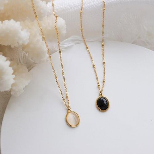 Stainless Steel Jewelry Oval Shaped White Black Opal Stone Pendant Necklace For Women Vintage Beaded Chain Choker Necklaces