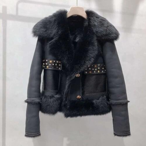 Natural Sheep Real Fur Coat Women Winter Full Pelt Short Jacket Multicolor Rivet Thick Warm Ladys Outerwear Turn-Down Collar