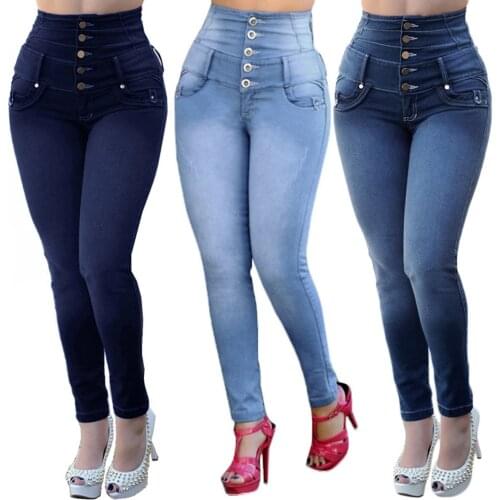 High Waist Women Jeans Buttons Female Pant Slim Elastic Plus Size Stretch Jeans Blue Skinny Pencil Pant