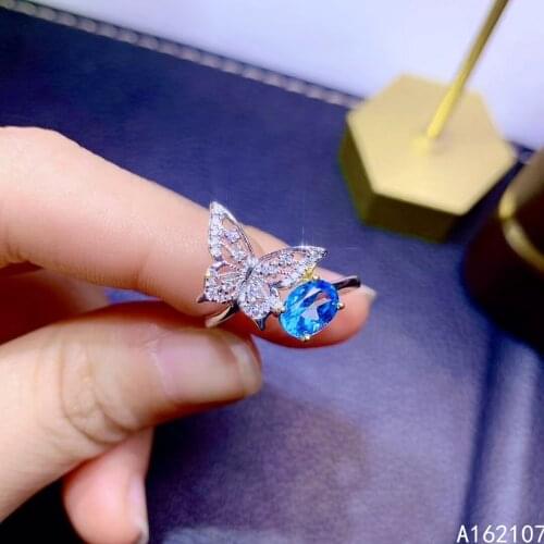 925 Pure Silver Chinese Style Natural Swiss Blue Topaz Womens Popular Elegant Butterfly Adjustable Gem Ring Fine Jewelry Suppor