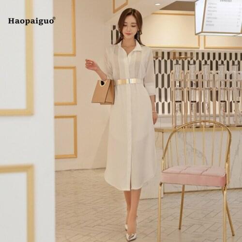 2018 Soild 2 Piece dress Women White Turn-down Collar Vintage Long Dress for Women Elegant Office Casual Ladies Dresses