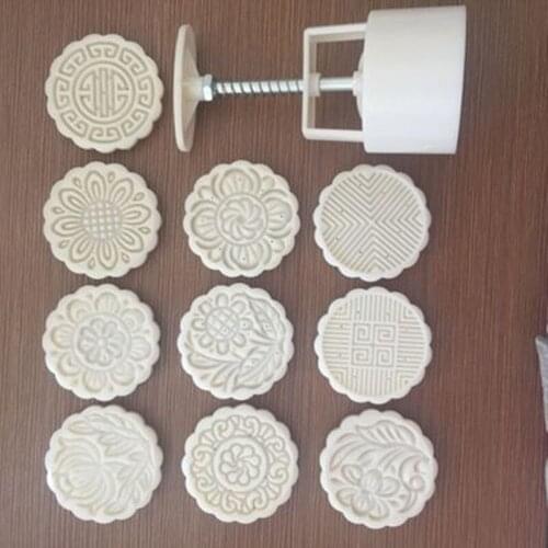100g Round Mooncake Mold Cookies Moon cake Decor10 Flower Stamps +1 Barrel Cake Tool