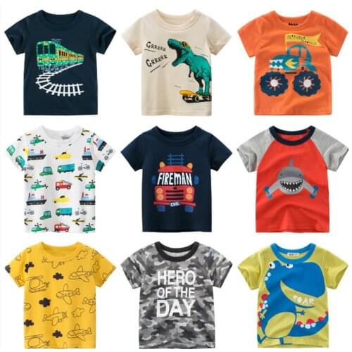 2021 Summer New Cartoon T-Shirt for Boys and Girls Short Sleeve Cotton Top Dinosaur Car Airplane Letter Shark Print Kids Clothes