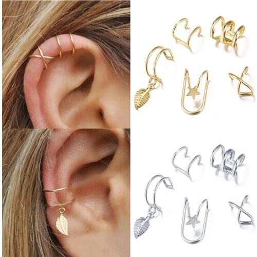 5Pcs/set Dainty Charm Leaf Star Cross Ear Cuff for Women Minimalist No Piercing Double Wrap Earclip Fake Cartilage Earring