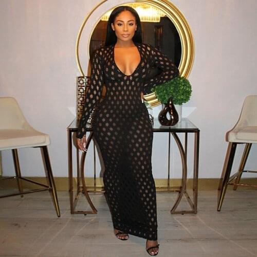 BKLD Hollow Out See-Through Long Sleeve Bodycon Dress Women Spring/Summer 2021 Sexy Slim Mid-Calf Length Clothing Club Outfits