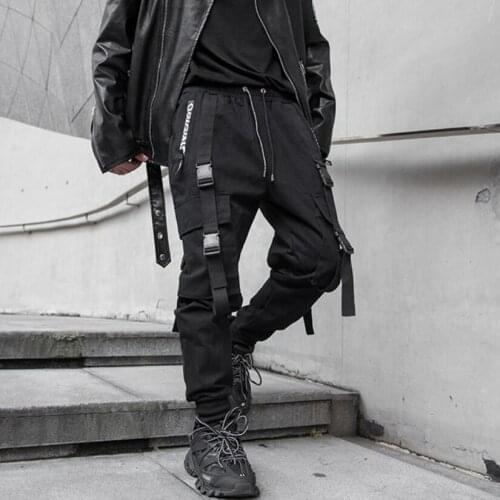 Autumn winter mens elastic waist ribbons casual cargo pants with many pockets man harajuku hip hop punk joggers harem pants